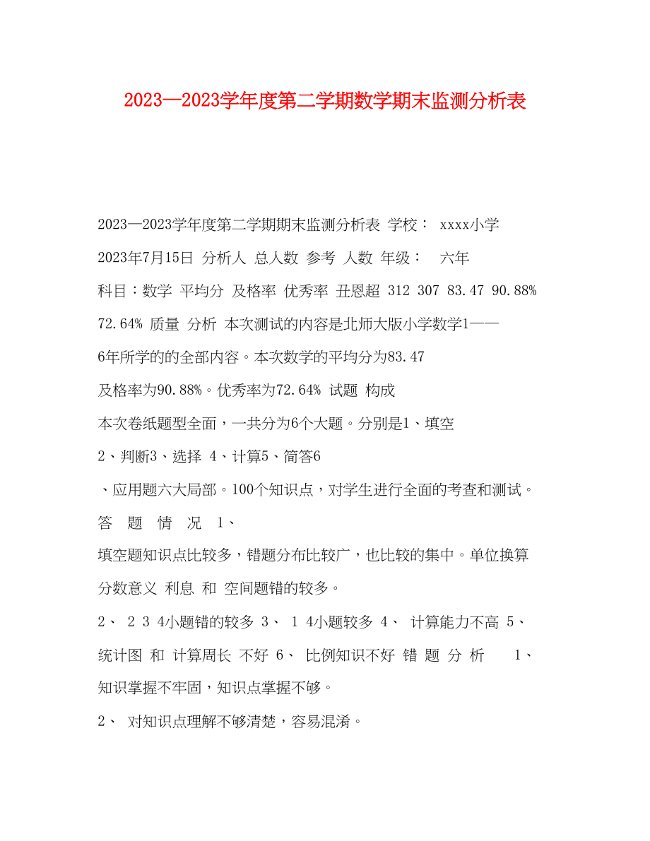 2023年第二学期数学期末监测分析表.docx_第1页