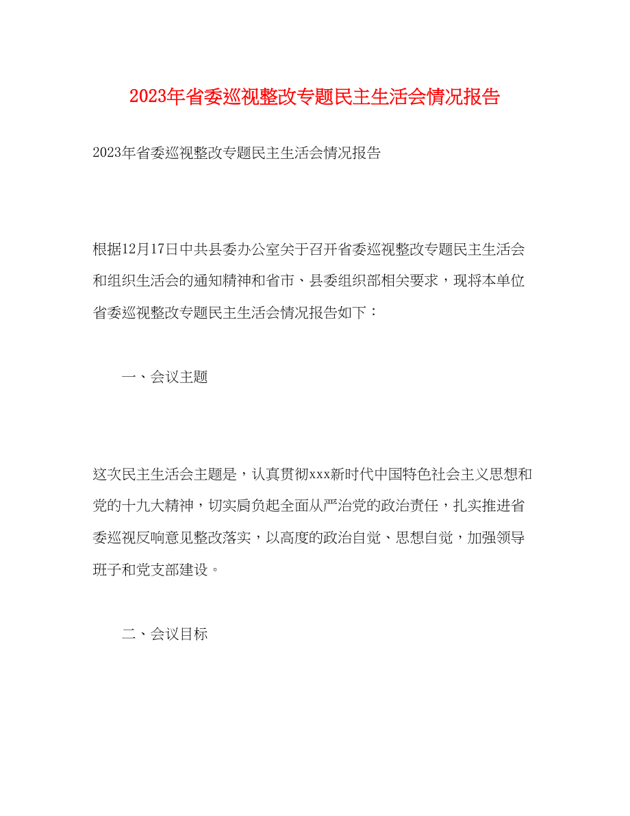 2023年省委巡视整改专题民主生活会情况报告.docx_第1页