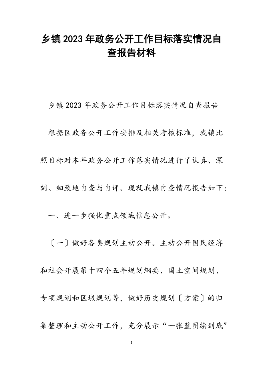 乡镇2023年政务公开工作目标落实情况自查报告.docx_第1页