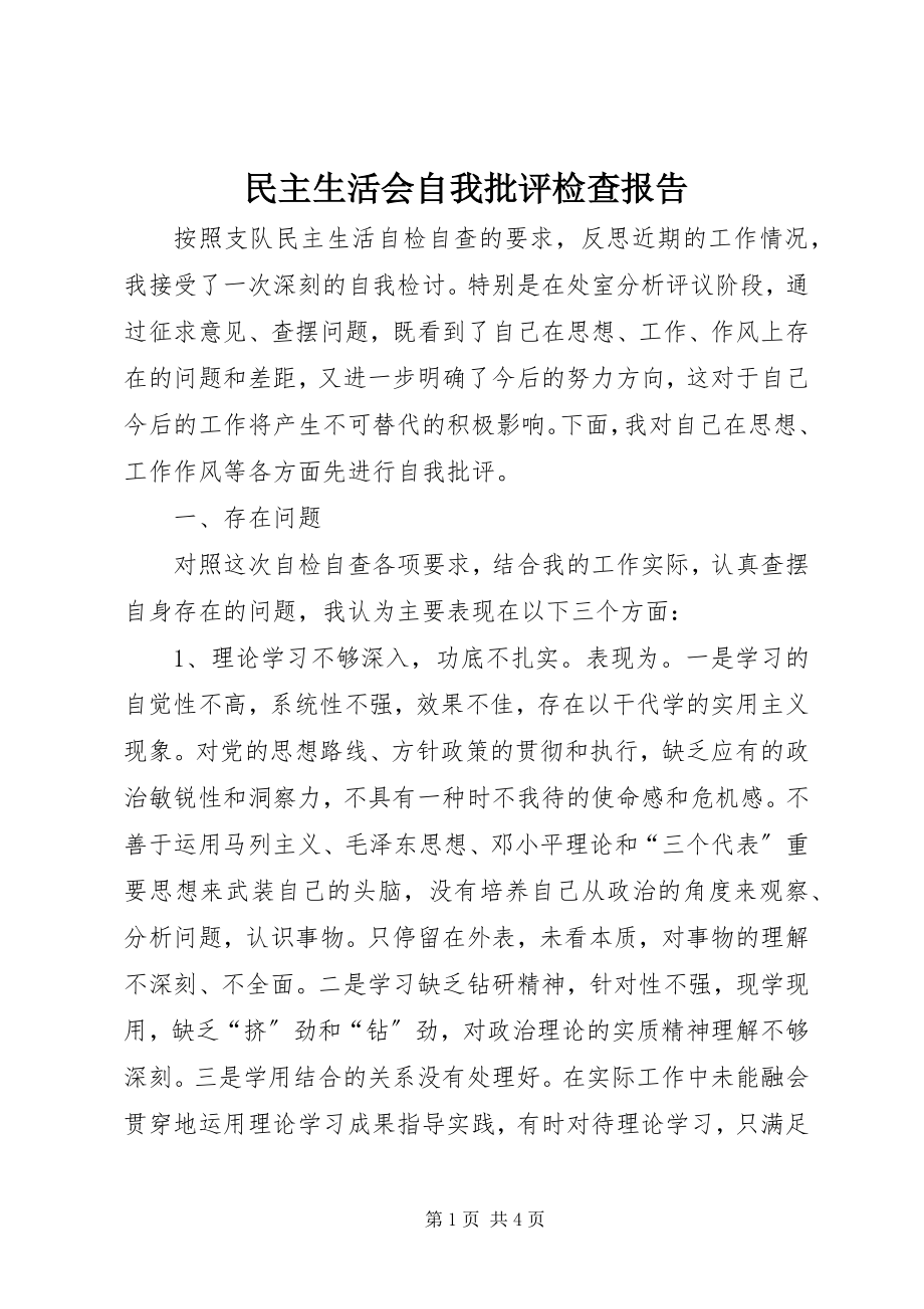 2023年民主生活会自我批评检查报告.docx_第1页