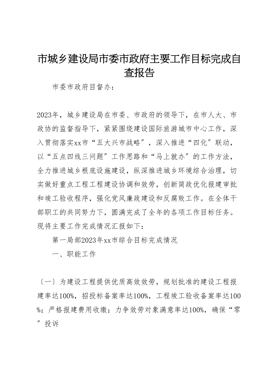 2023年市城乡建设局市委市政府主要工作目标完成自查报告.doc_第1页