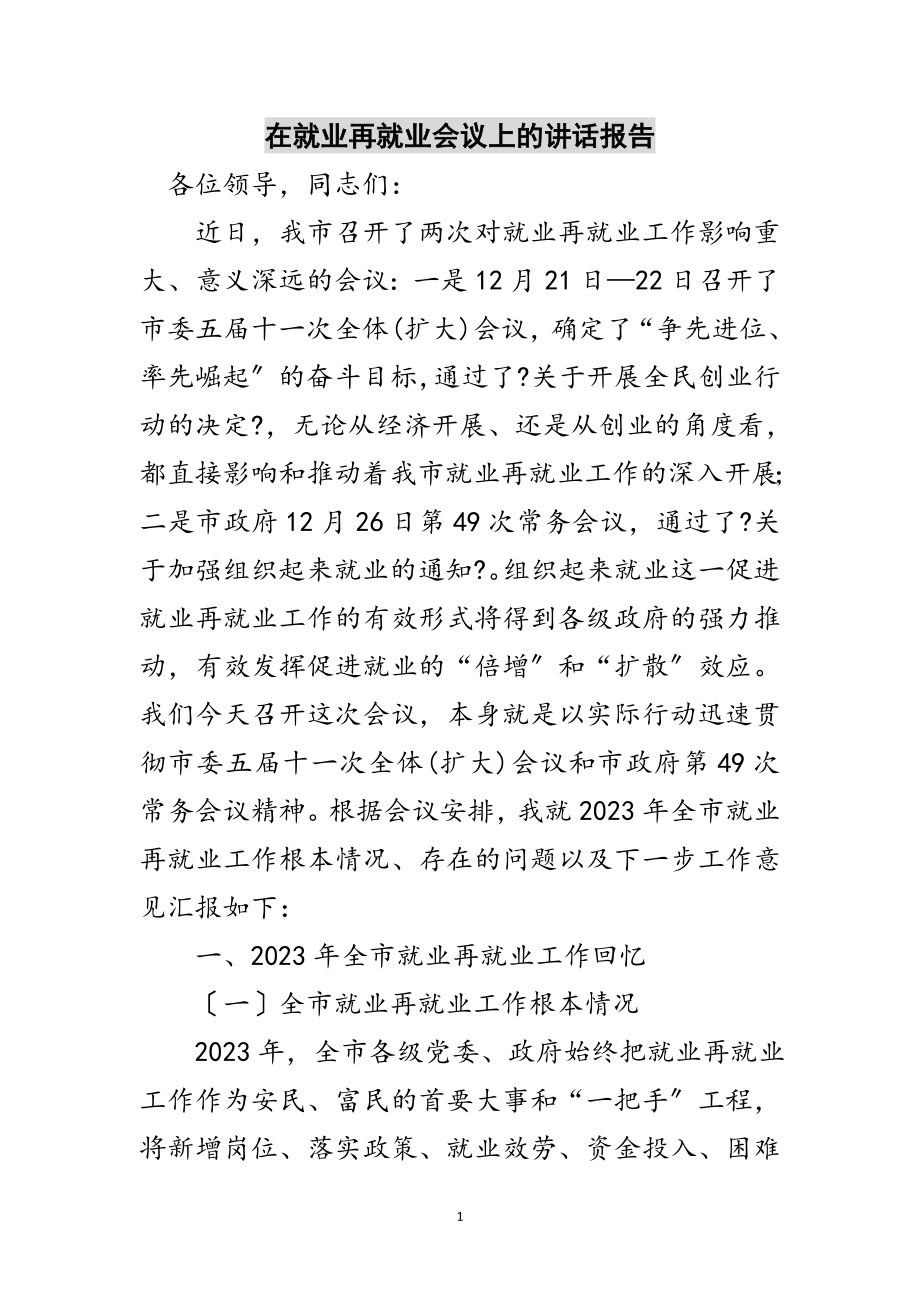 2023年在就业再就业会议上的讲话报告范文.doc_第1页