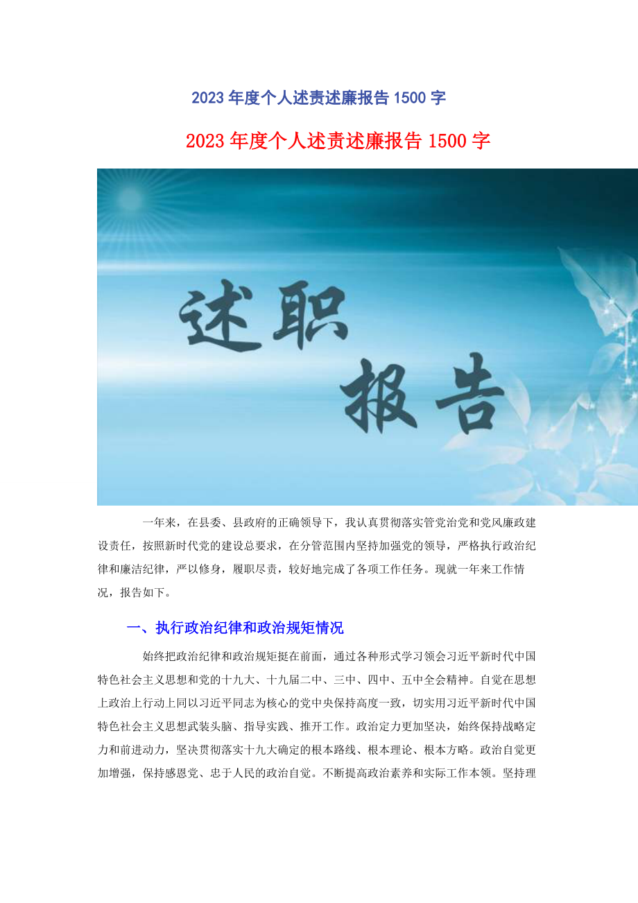 2023年度个人述责述廉报告00字.docx_第1页