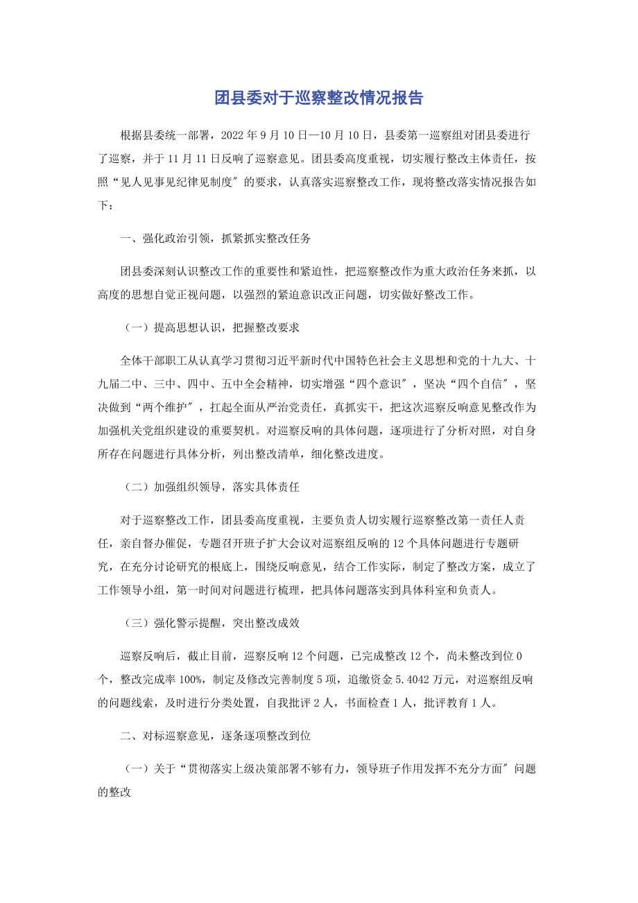 2023年团县委对于巡察整改情况报告.docx_第1页