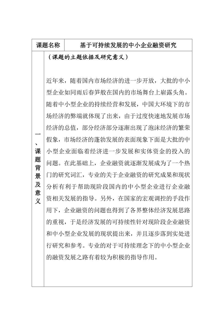 中小企业融资问题分析研究金融学专业 开题报告.doc_第1页