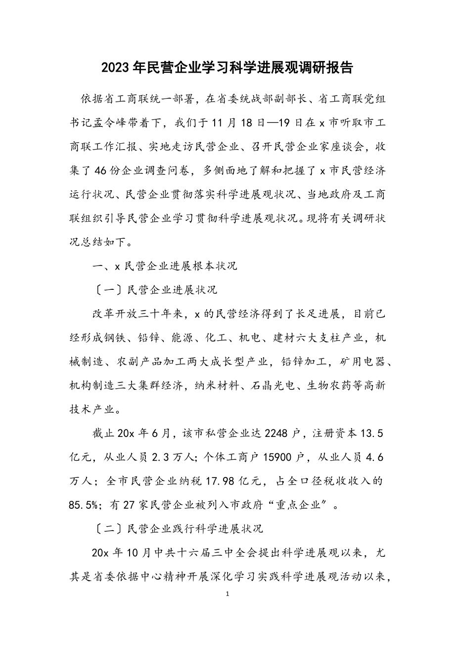 2023年民营企业学习科学发展观调研报告.docx_第1页