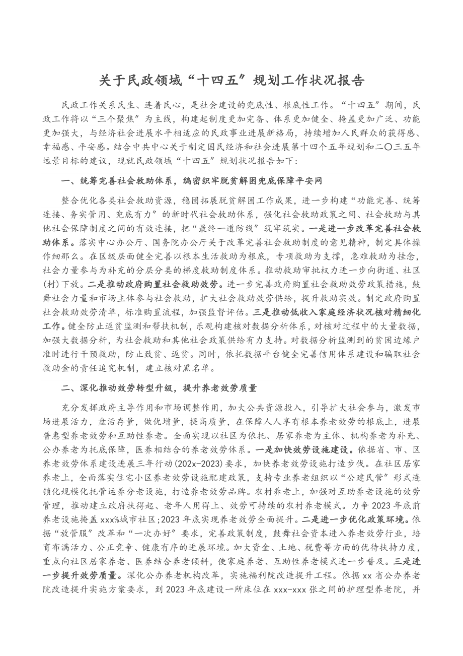 2023年民政领域“十四五”规划工作情况报告.doc_第1页