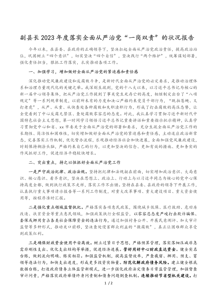 副县长2023年度落实全面从严治党“一岗双责”的情况报告.doc_第1页