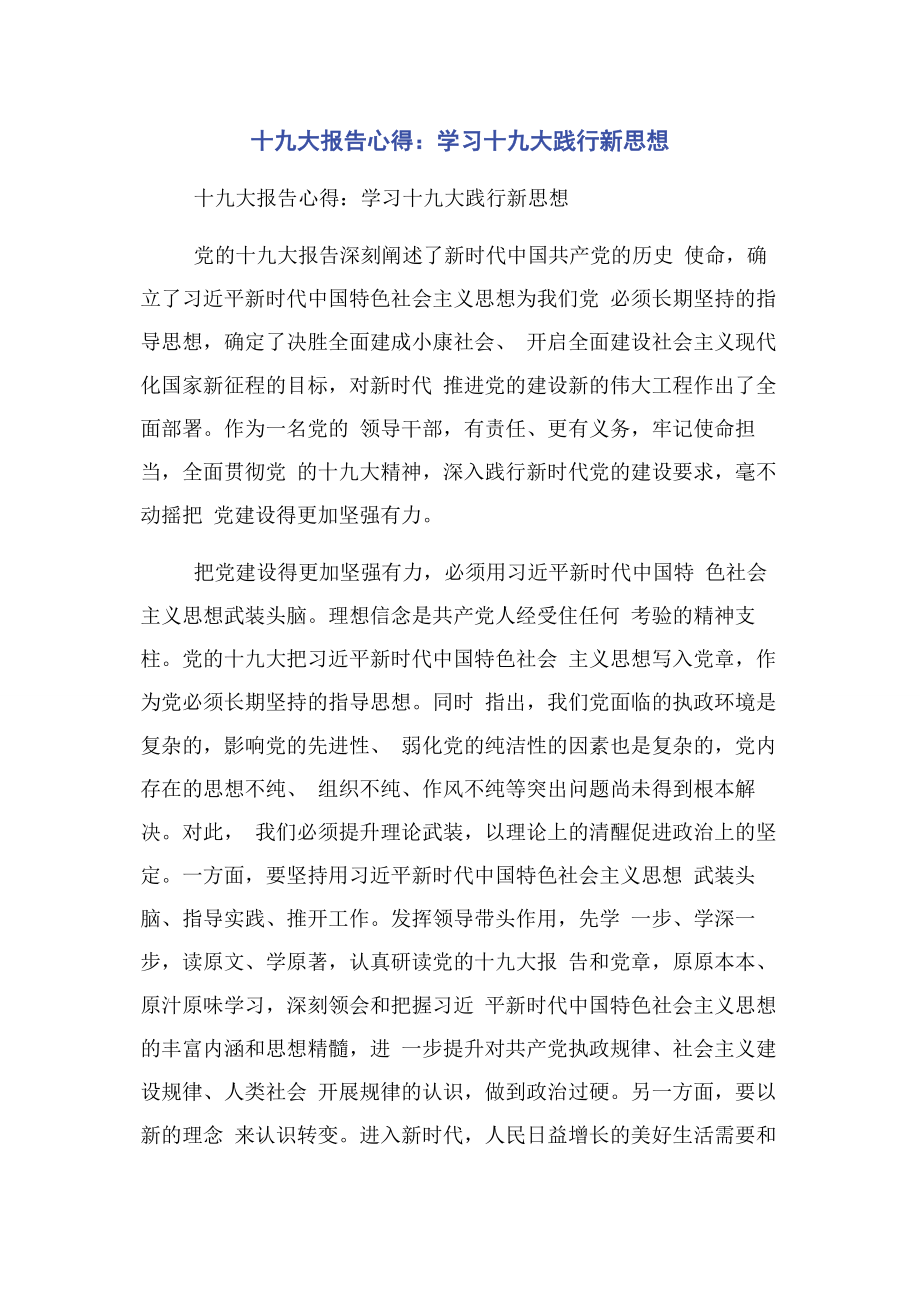 2023年十九大报告心得学习十九大践行新思想.docx_第1页