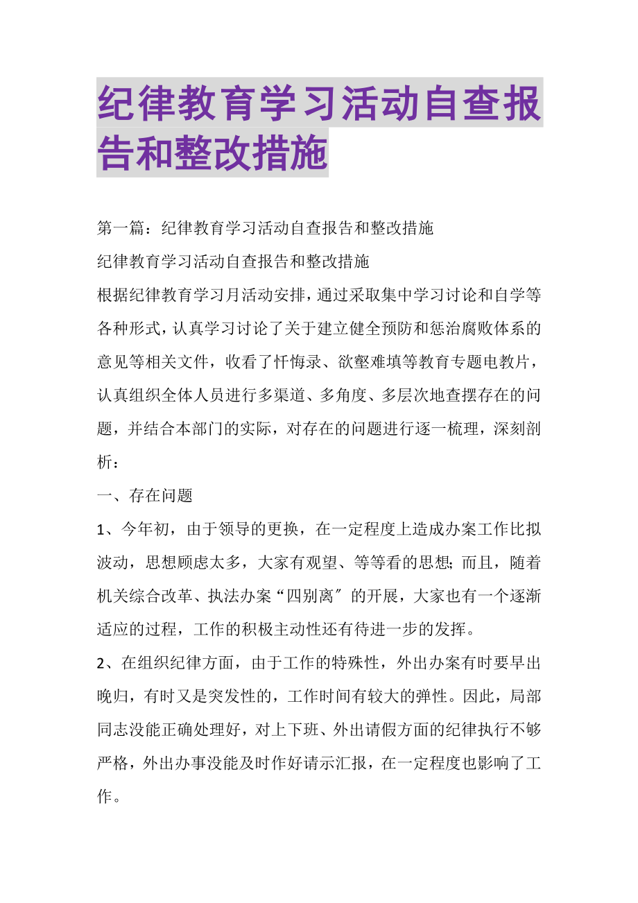 2023年纪律教育学习活动自查报告和整改措施.doc_第1页