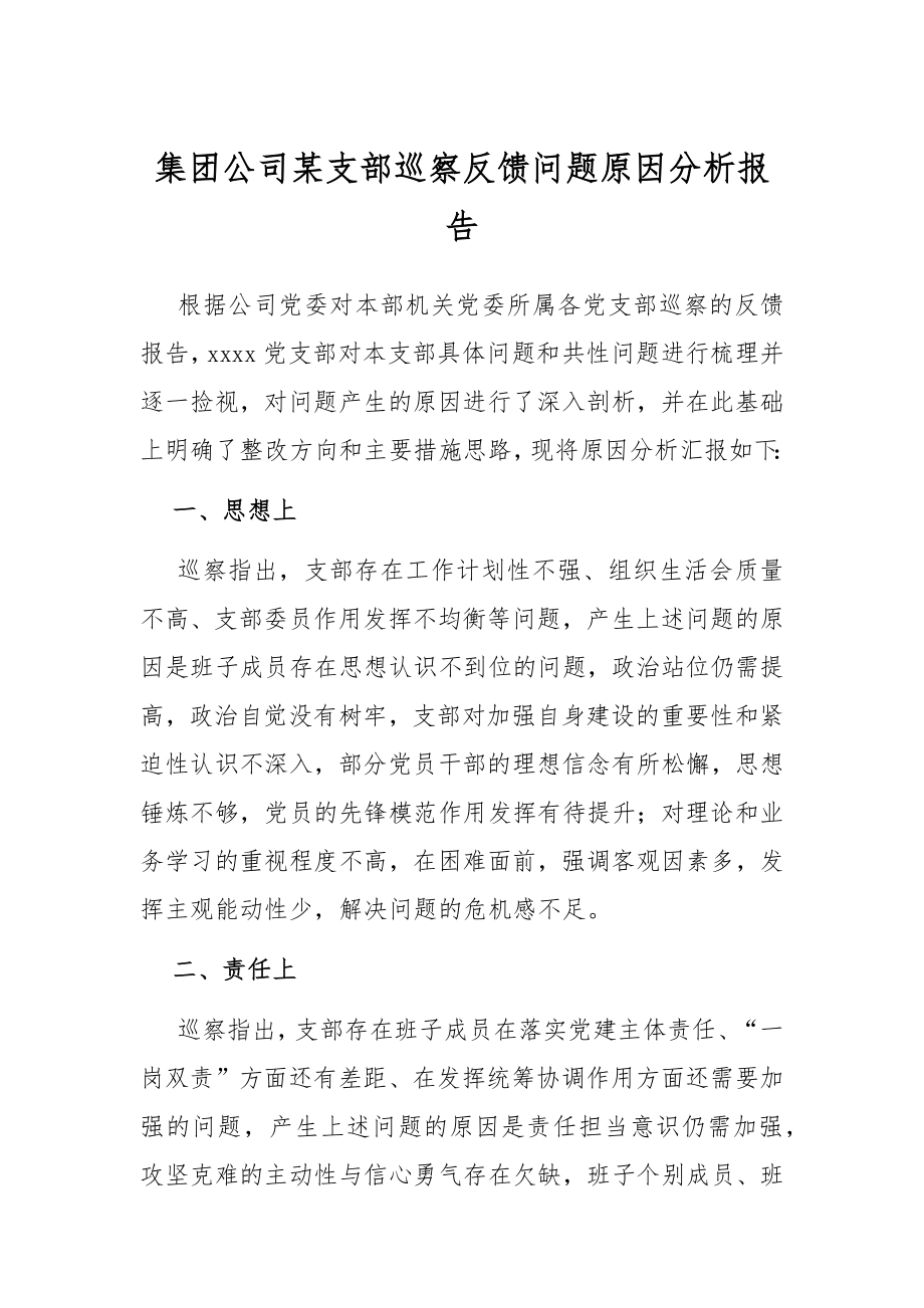 集团公司某支部巡察反馈问题原因分析报告.docx_第1页