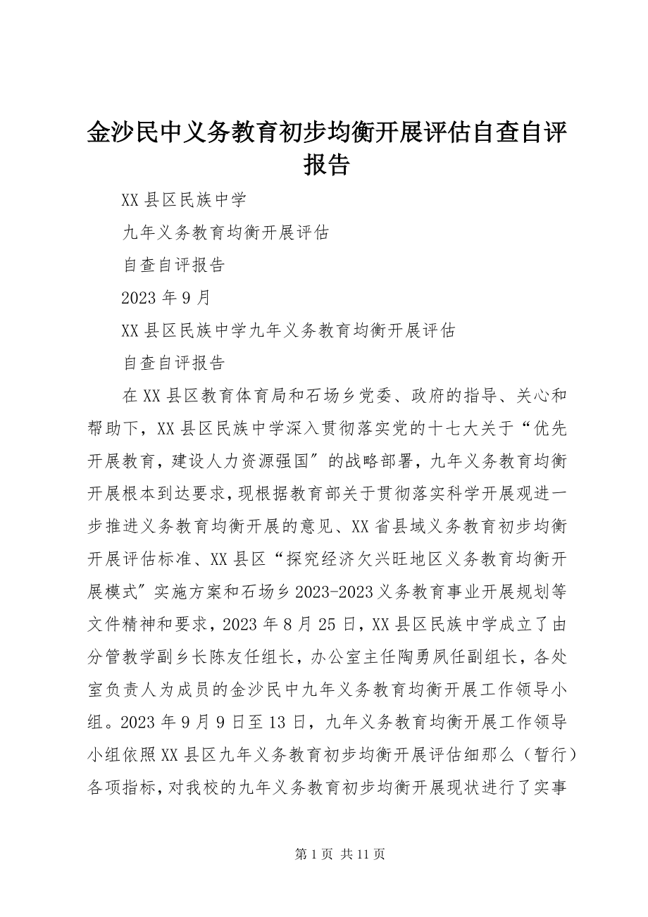 2023年金沙民中义务教育初步均衡发展评估自查自评报告.docx_第1页