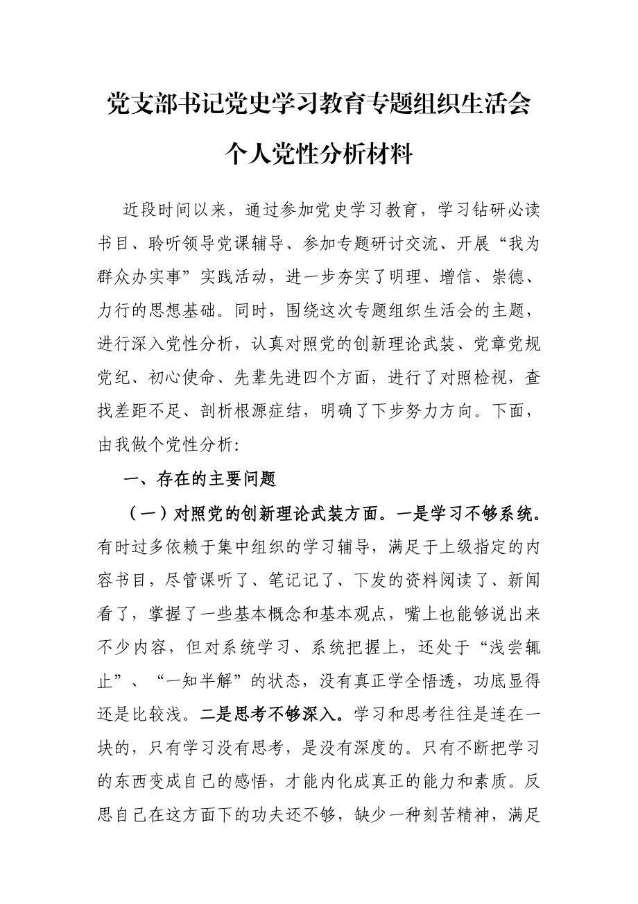 党支部书记党史学习教育专题组织生活会个人党性分析材料.docx_第1页