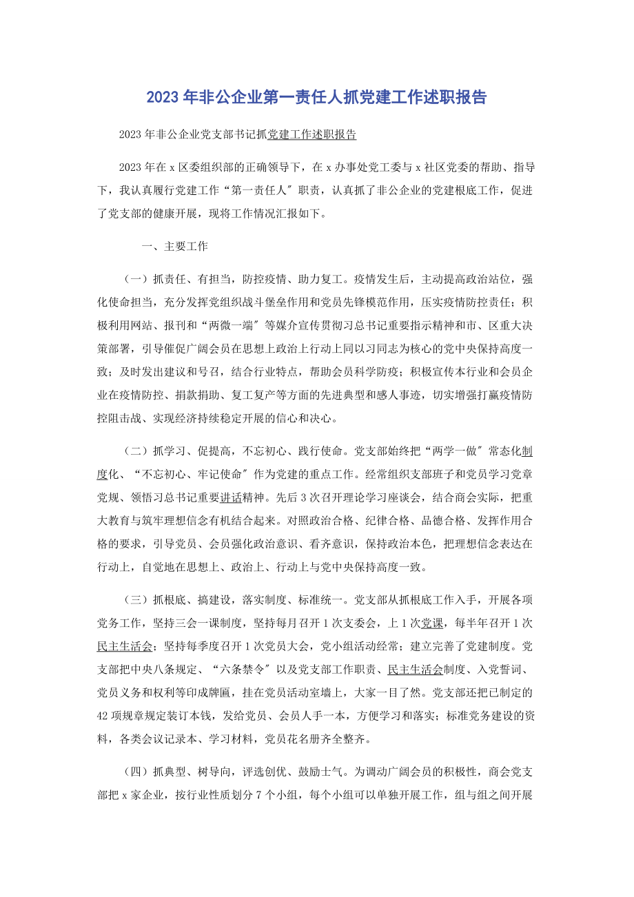 2023年非公企业第一责任人抓党建工作述职报告.docx_第1页