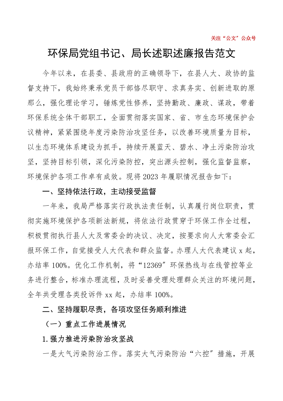 环保局党组书记局长述职述廉报告范文领导干部述职个人工作总结.doc_第1页