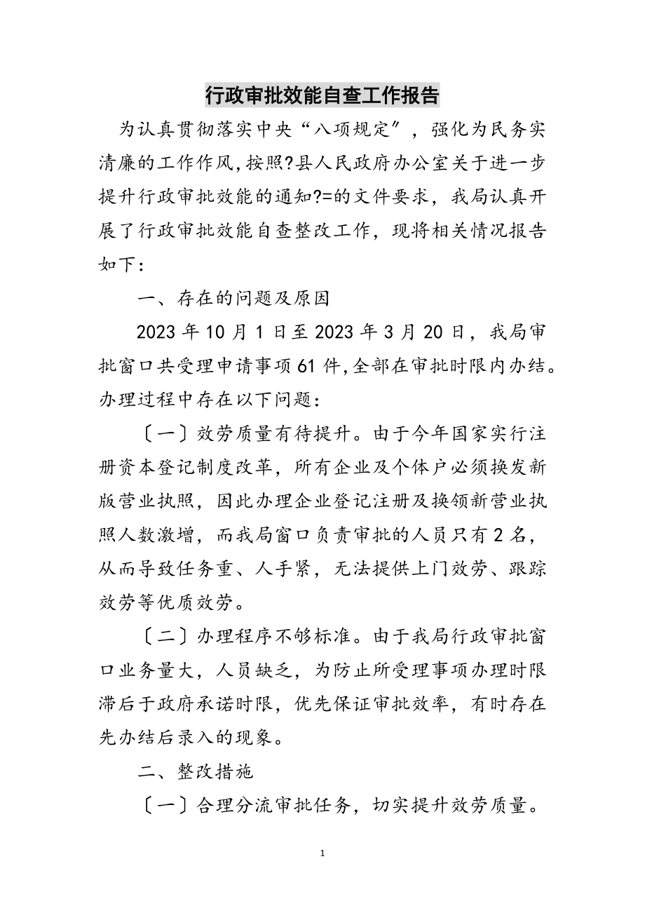 2023年行政审批效能自查工作报告范文.doc_第1页