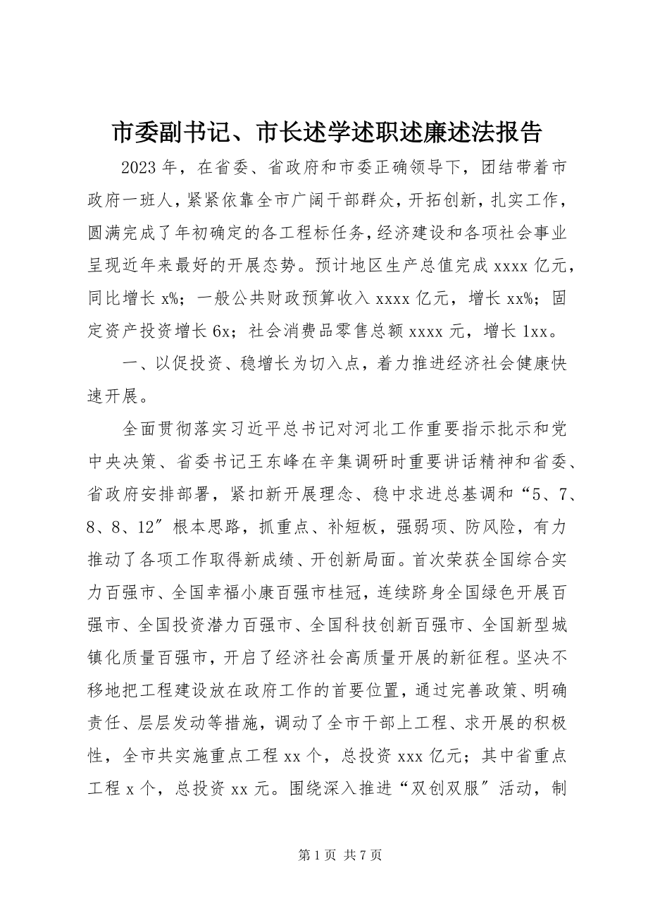 2023年市委副书记市长述学述职述廉述法报告.docx_第1页