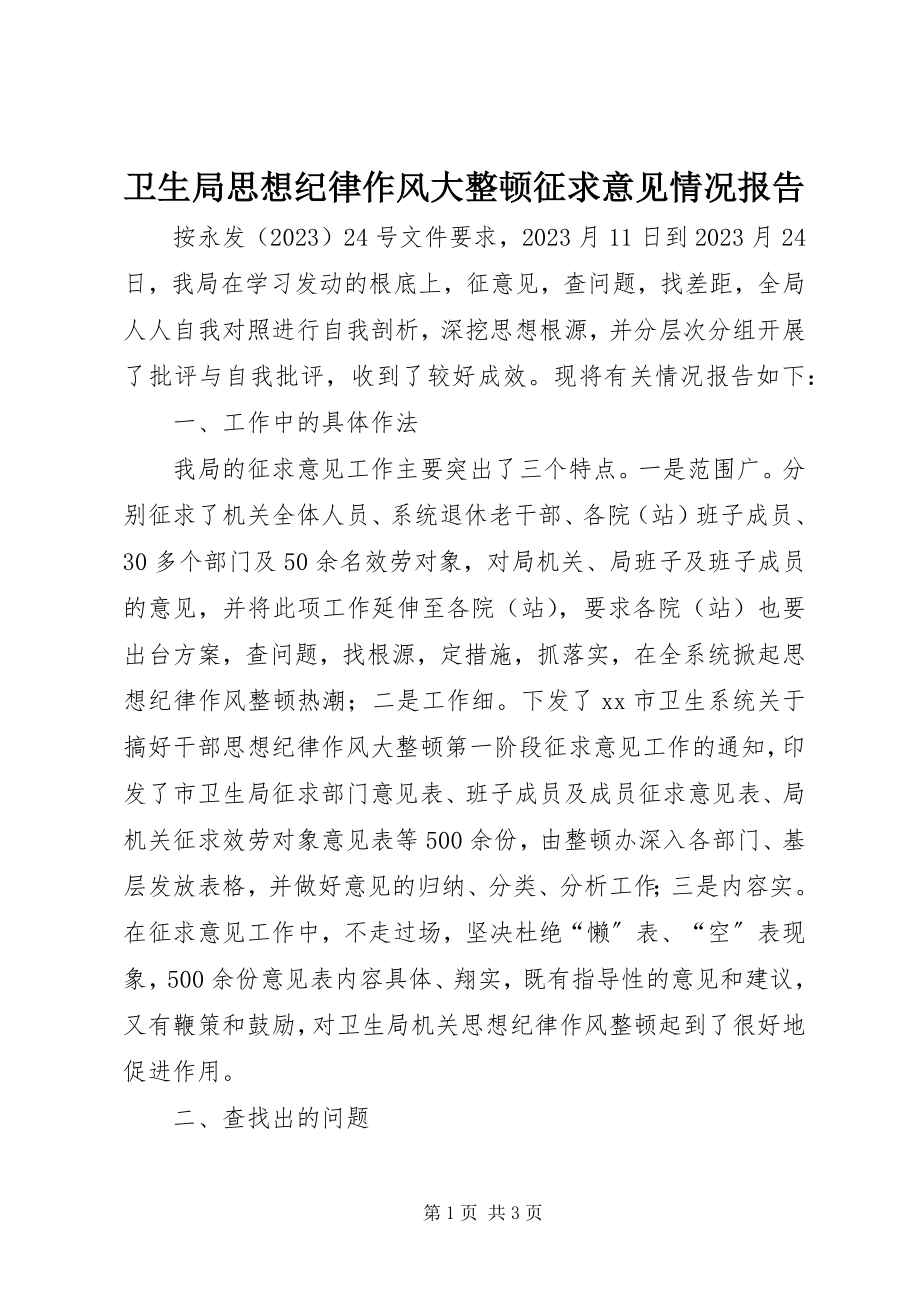 2023年卫生局思想纪律作风大整顿征求意见情况报告.docx_第1页