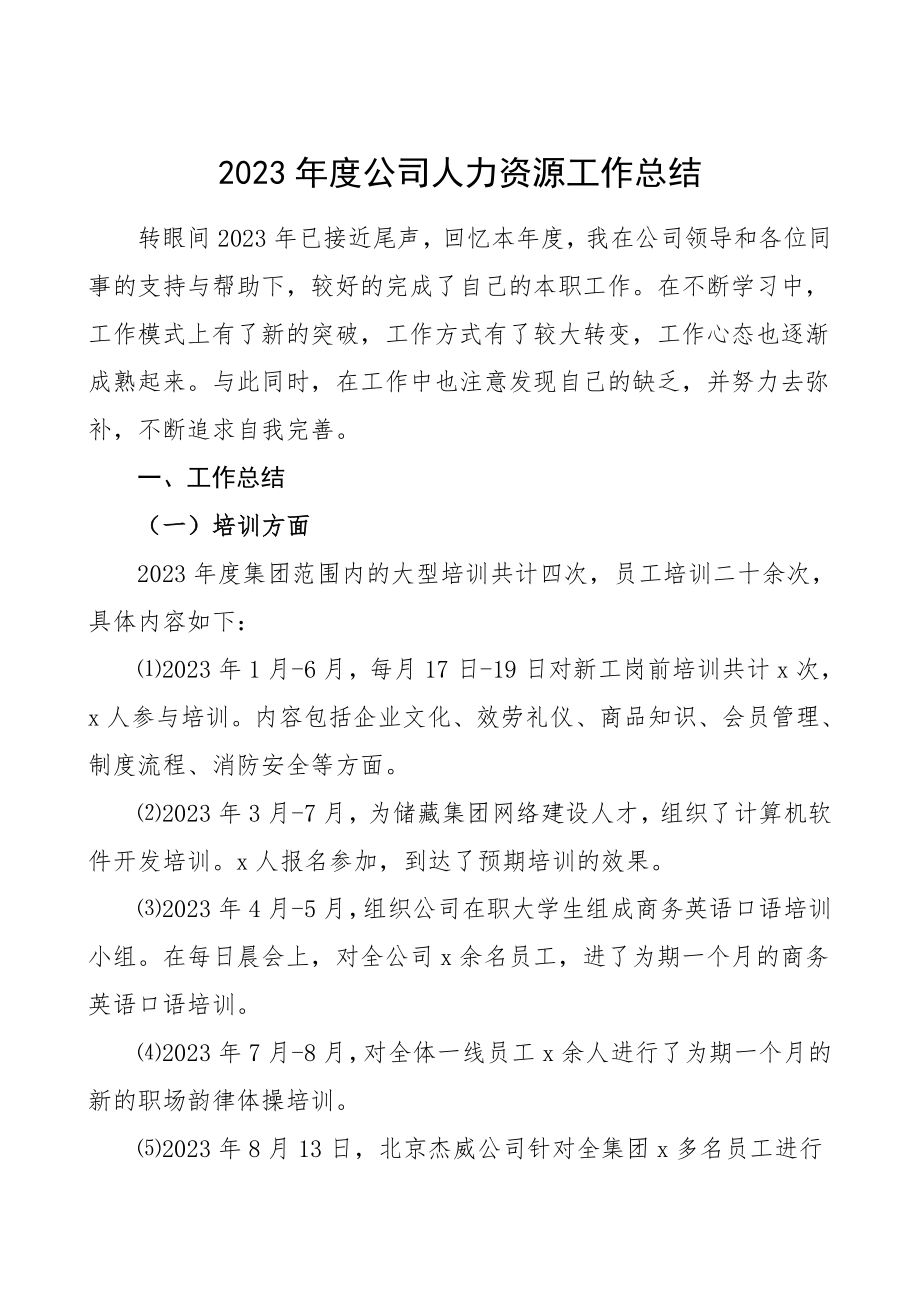 2023年度公司人力资源工作总结汇报报告述职报告集团公司企业.doc_第1页