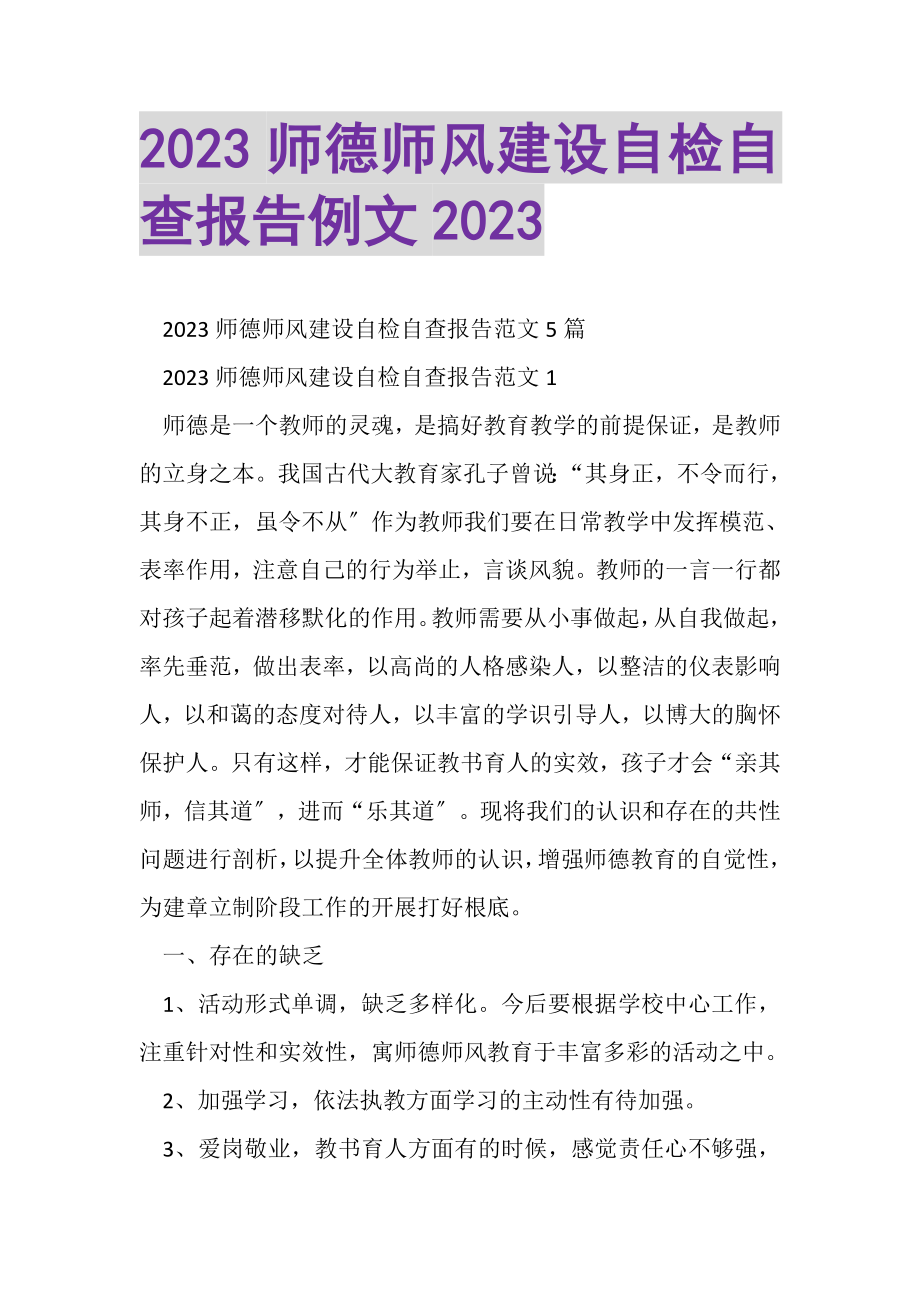 2023年师德师风建设自检自查报告例文.doc_第1页