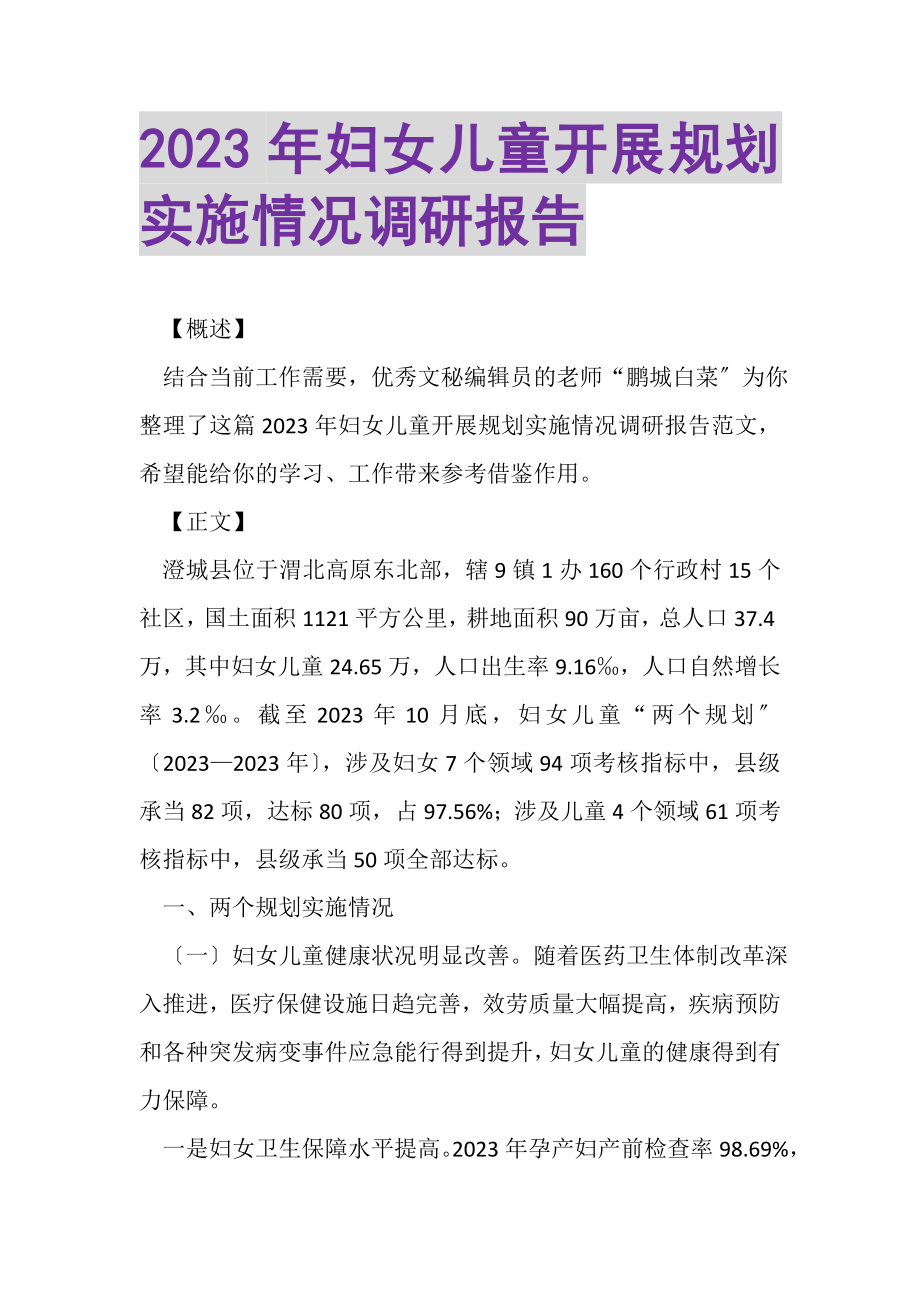 2023年妇女儿童发展规划实施情况调研报告.doc_第1页