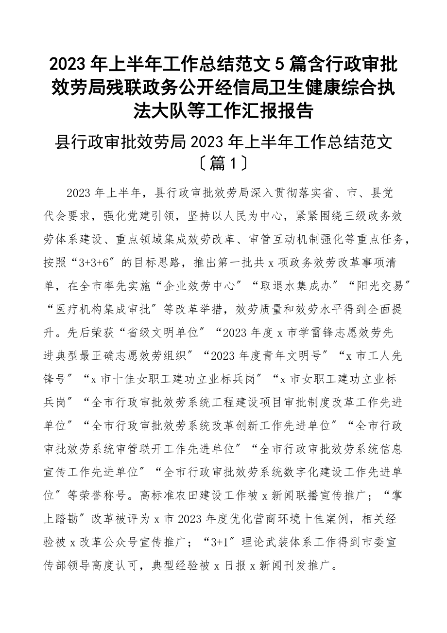 上半年工作总结5篇含行政审批服务局残联政务公开经信局卫生健康综合执法大队等工作汇报报告范文.docx_第1页