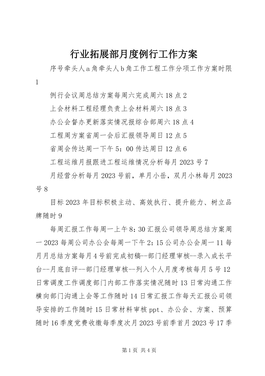 2023年行业拓展部月度例行工作计划.docx_第1页