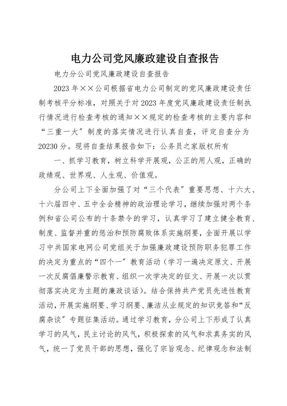 2023年电力公司党风廉政建设自查报告新编.docx_第1页