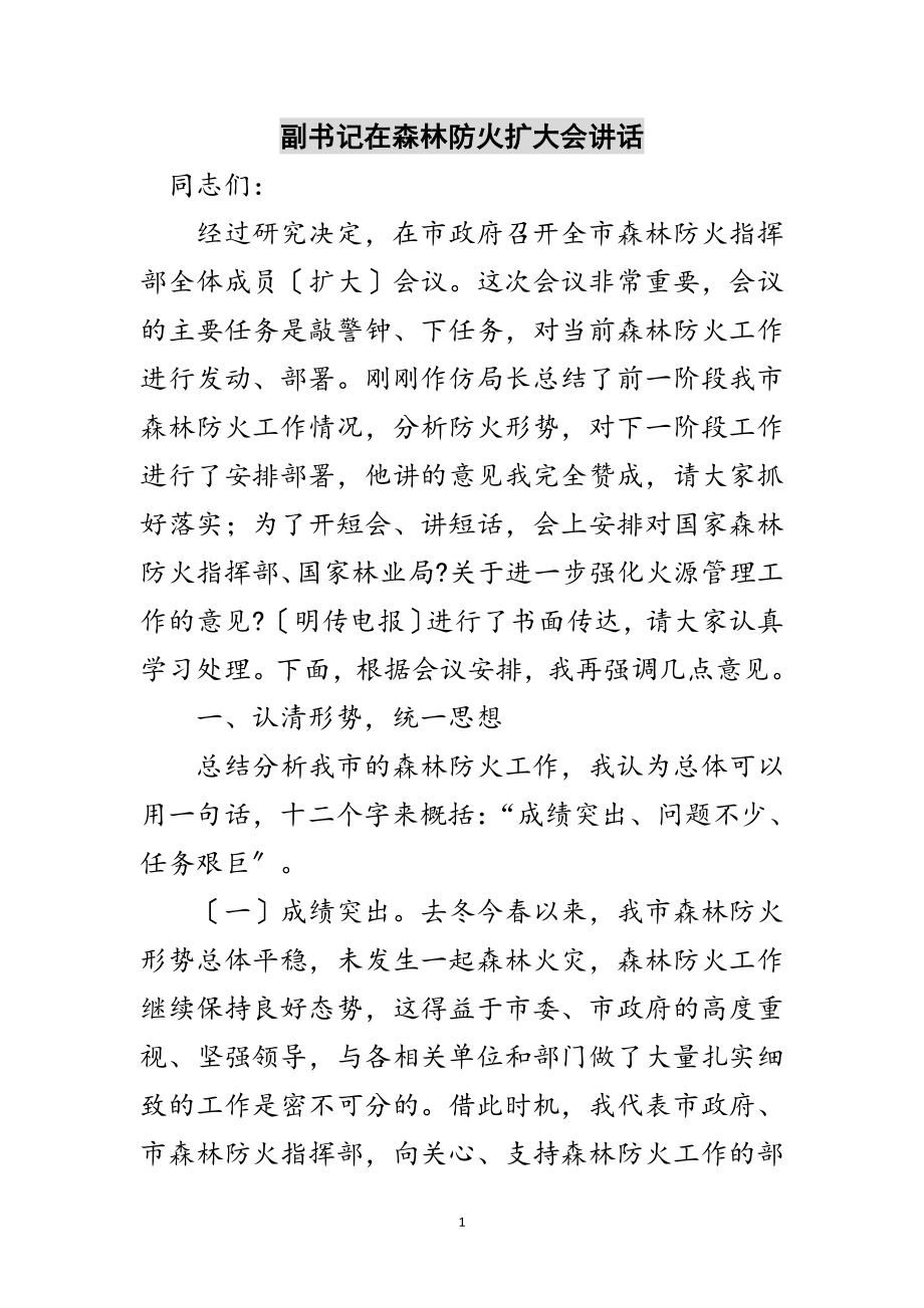 2023年副书记在森林防火扩大会讲话范文.doc_第1页