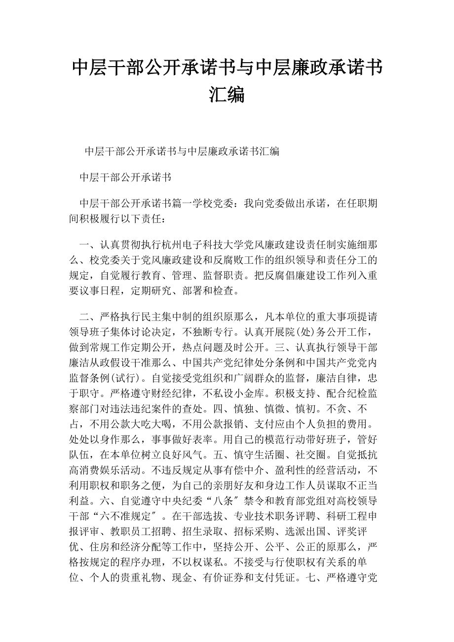 2023年中层干部公开承诺书与中层廉政承诺书汇编.docx_第1页