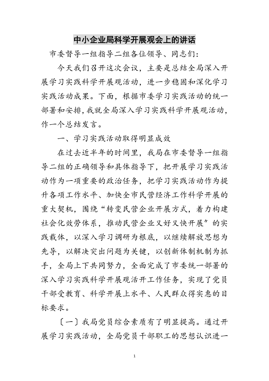 2023年中小企业局科学发展观会上的讲话范文.doc_第1页