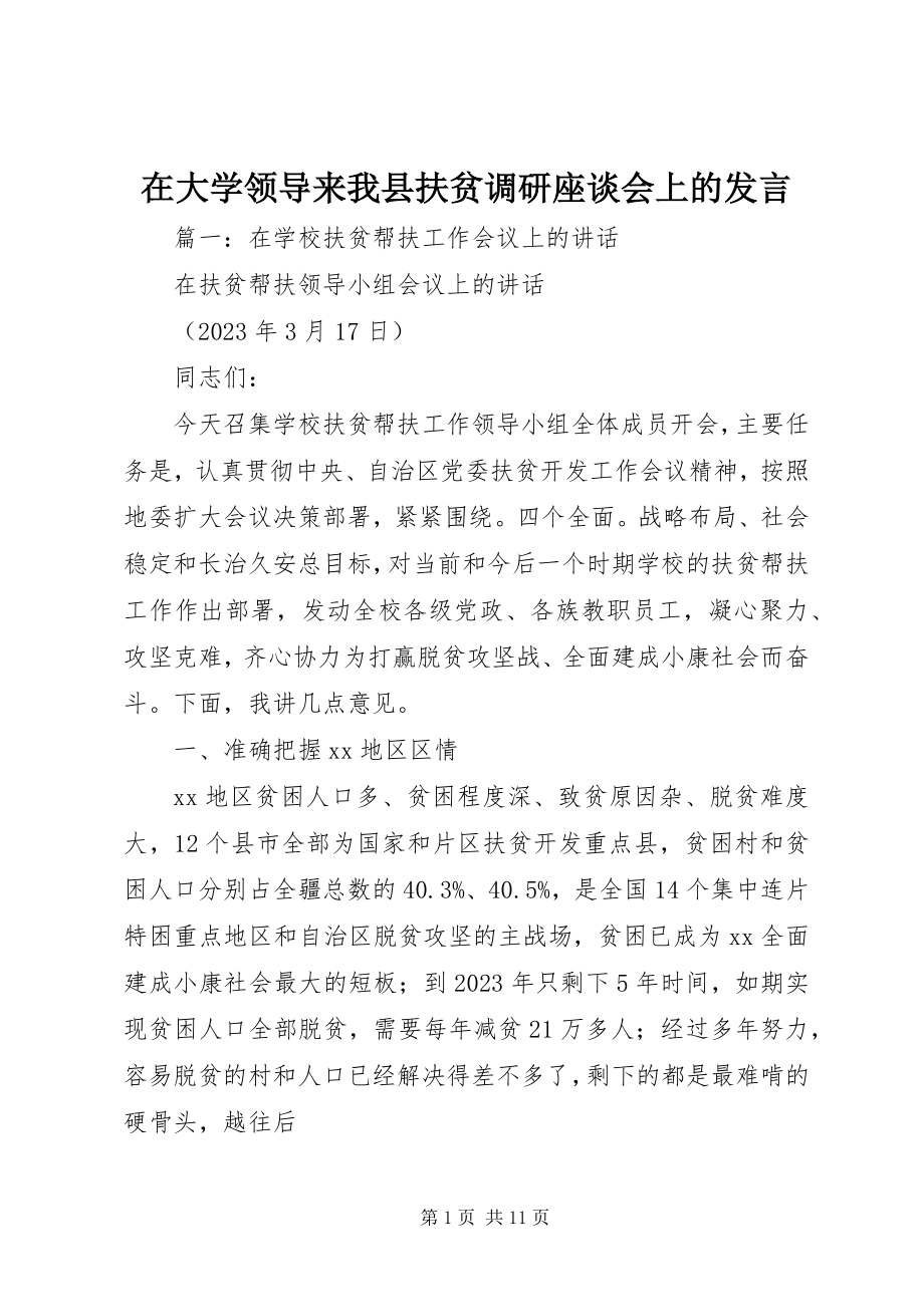 2023年在大学领导来我县扶贫调研座谈会上的讲话.docx_第1页