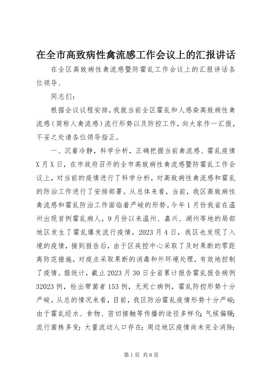 2023年在全市高致病性禽流感工作会议上的汇报致辞.docx_第1页