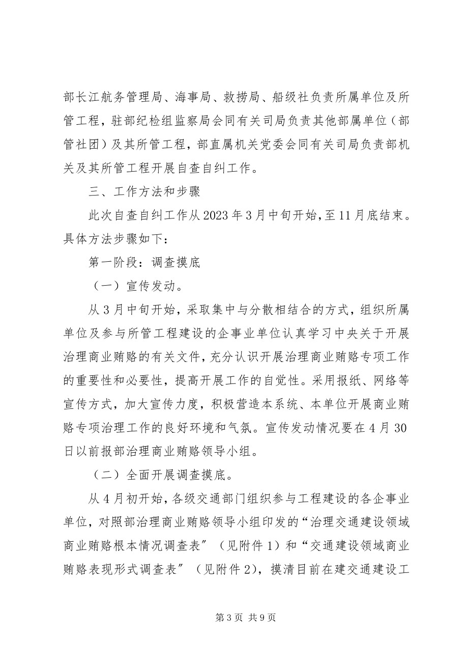 2023年治理交通建设领域商业贿赂自查自纠实施意见.docx_第3页