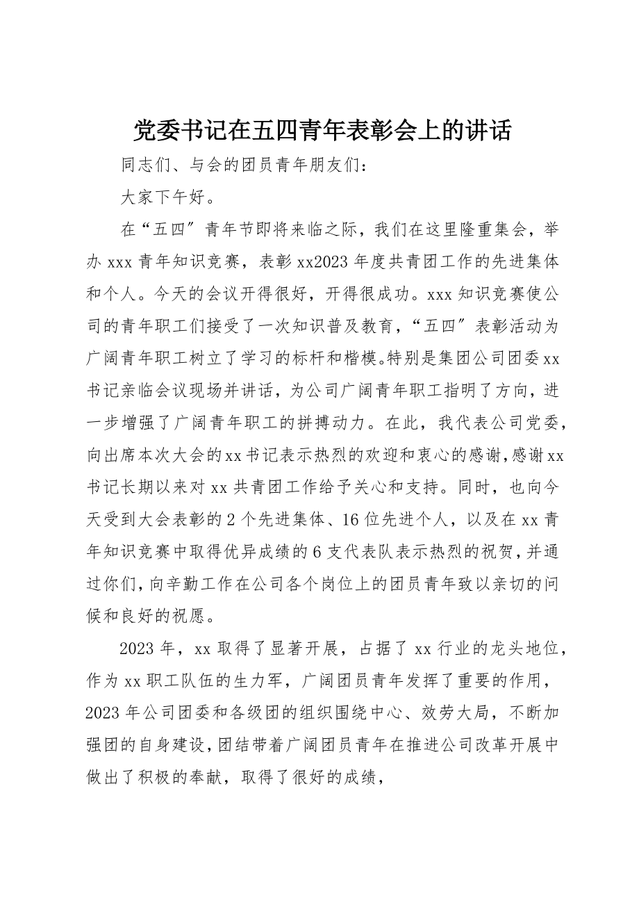 2023年党委书记在五四青年表彰会上的致辞.docx_第1页