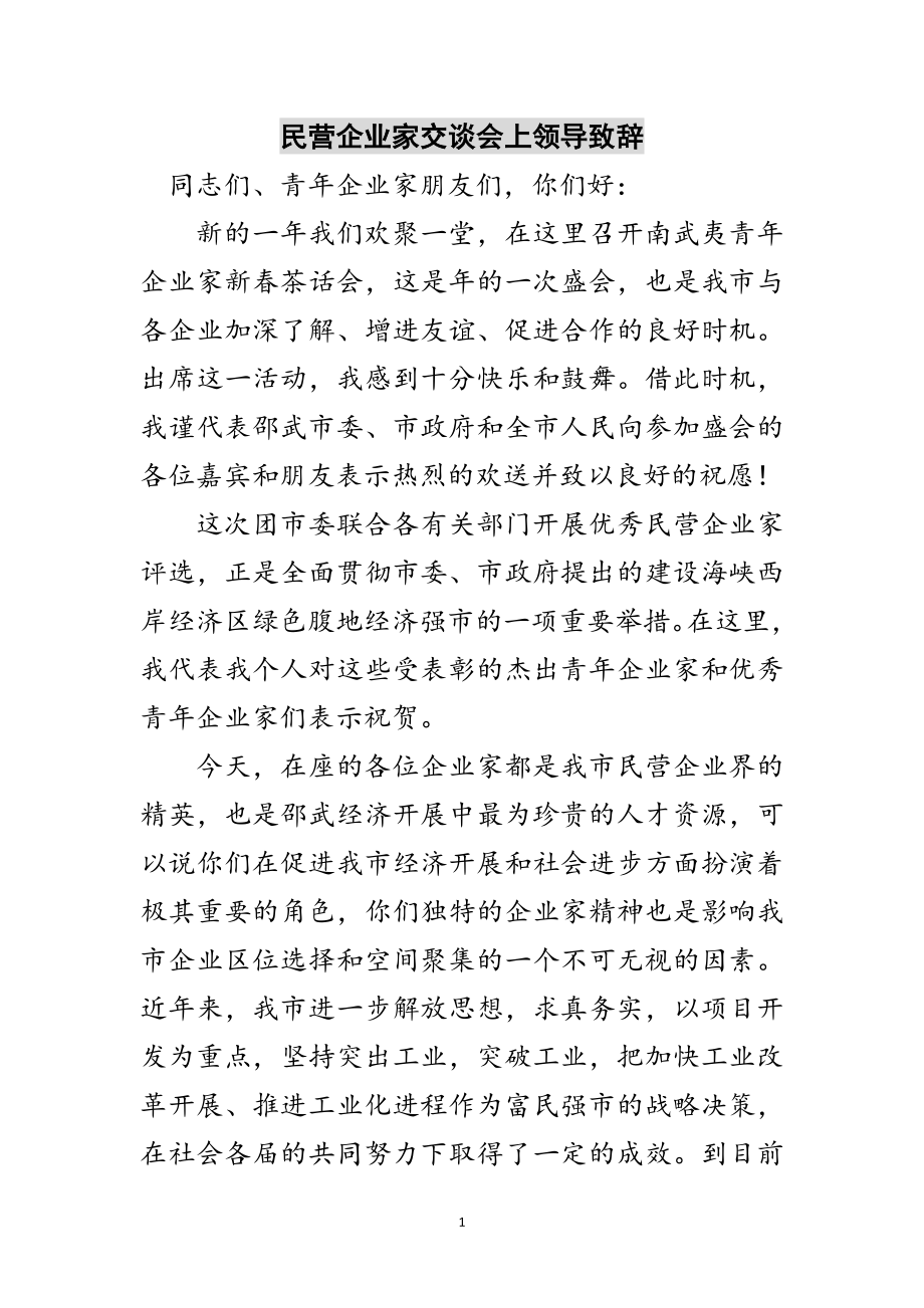 2023年民营企业家交谈会上领导致辞范文.doc_第1页