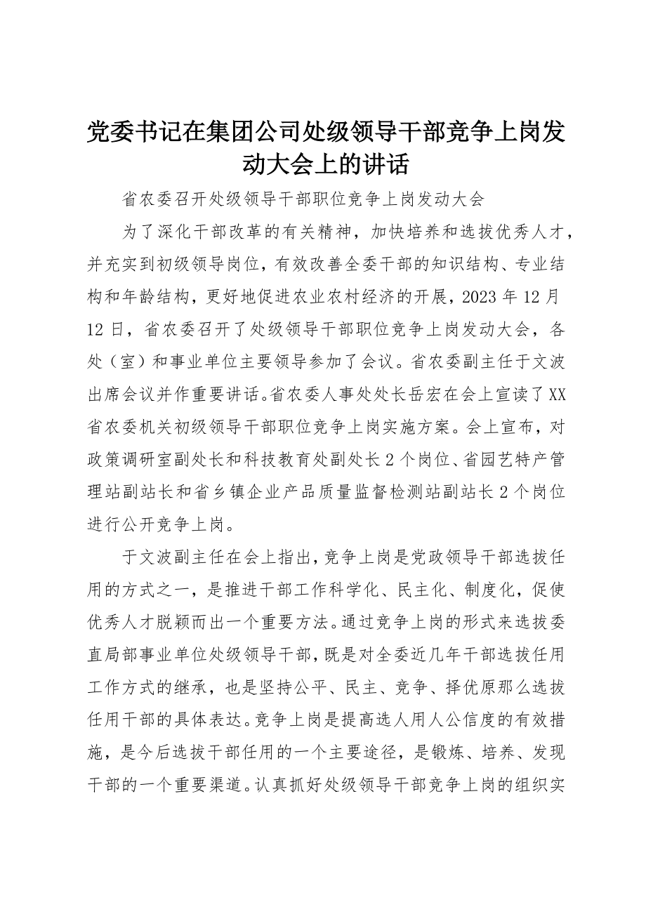 2023年党委书记在集团公司处级领导干部竞争上岗动员大会上的致辞.docx_第1页