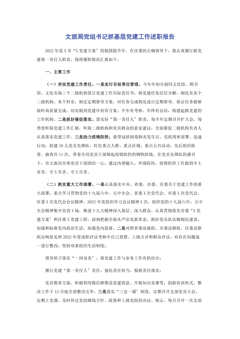 2023年文旅局党组书记抓基层党建工作述职报告.docx_第1页