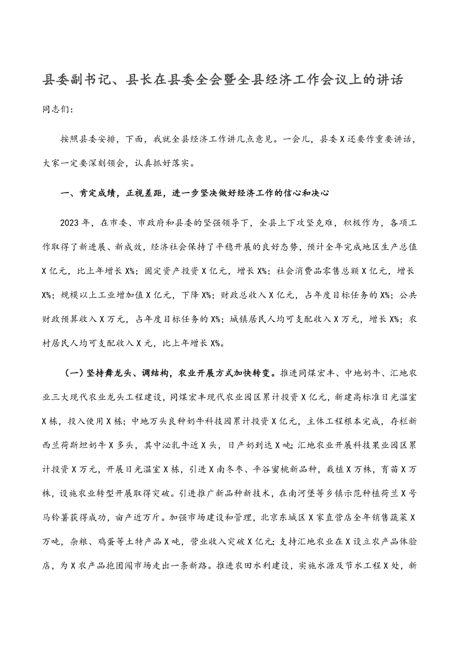 2023年县委副书记、县长在县委全会暨全县经济工作会议上的讲话.docx_第1页