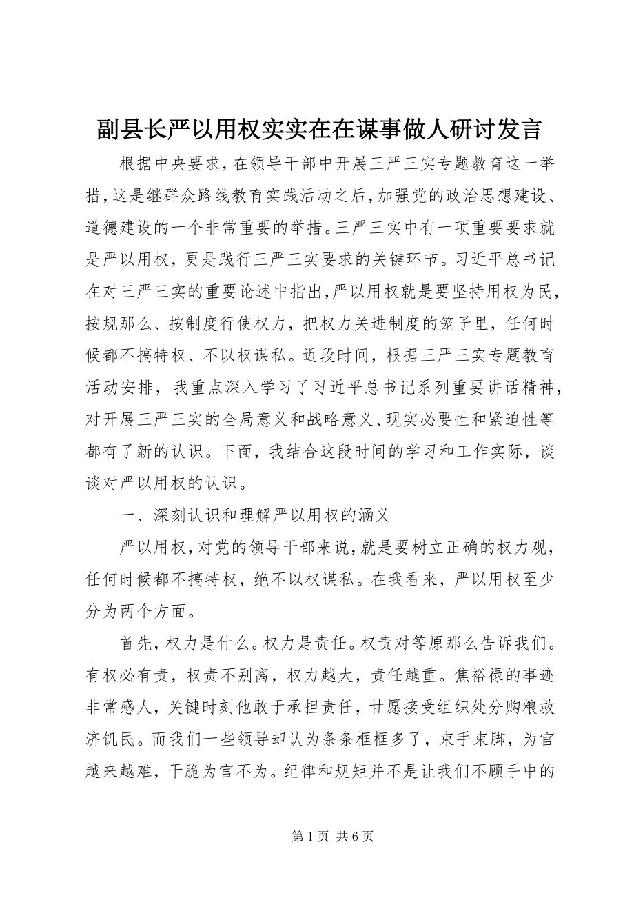 2023年副县长严以用权实实在在谋事做人研讨讲话.docx_第1页