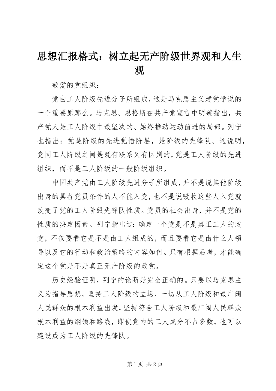 2023年思想汇报格式树立起无产阶级世界观和人生观.docx_第1页