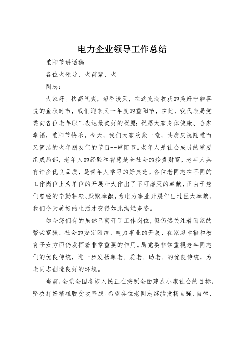 2023年电力企业领导工作总结新编.docx_第1页