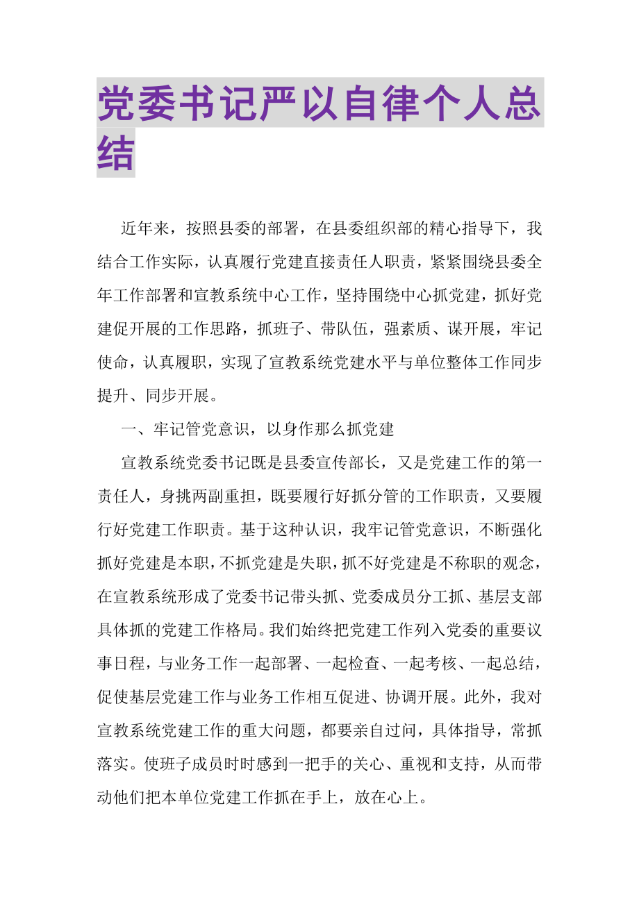 2023年党委书记严以自律个人总结.doc_第1页