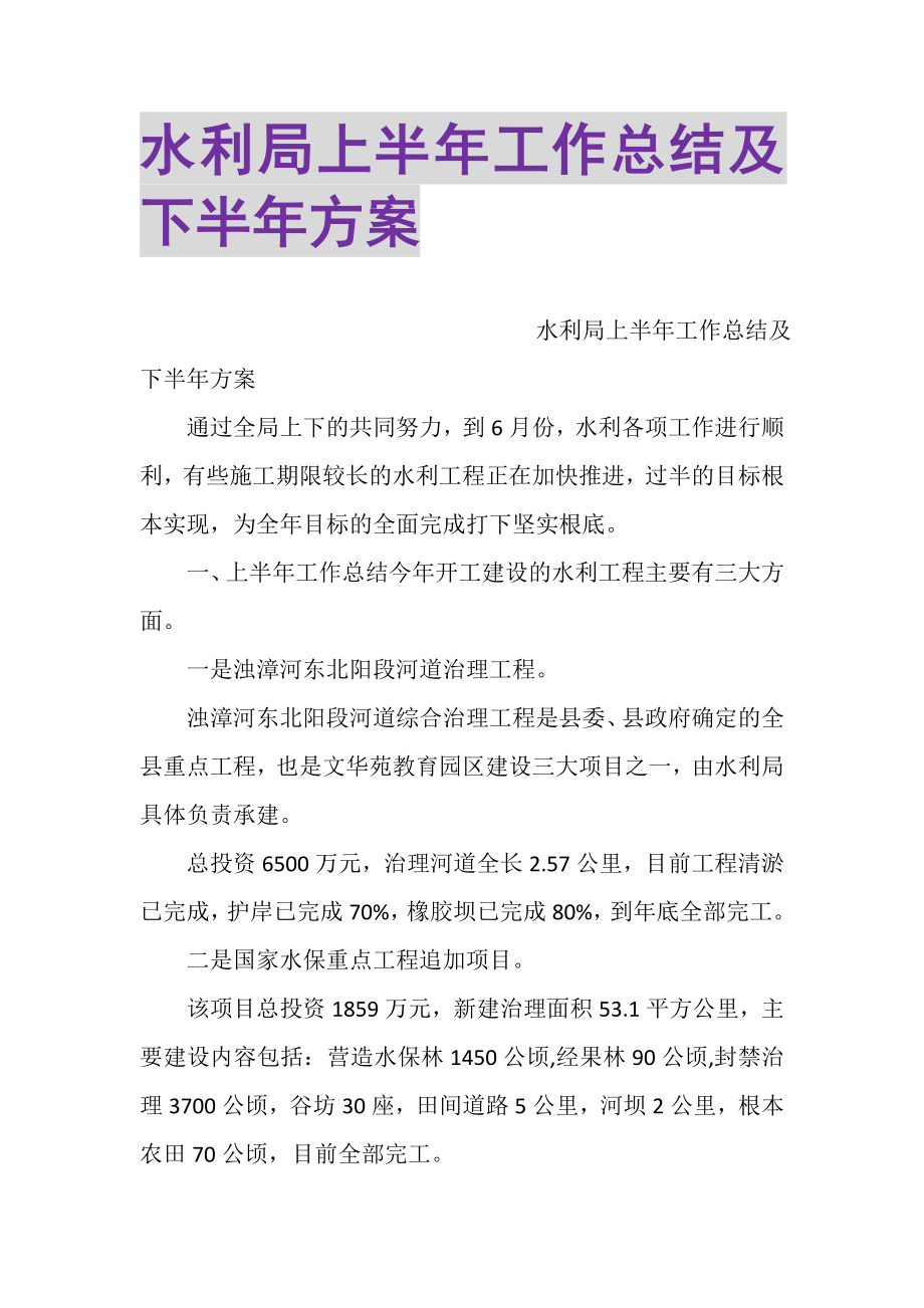 2023年水利局上半年工作总结及下半年计划.doc_第1页