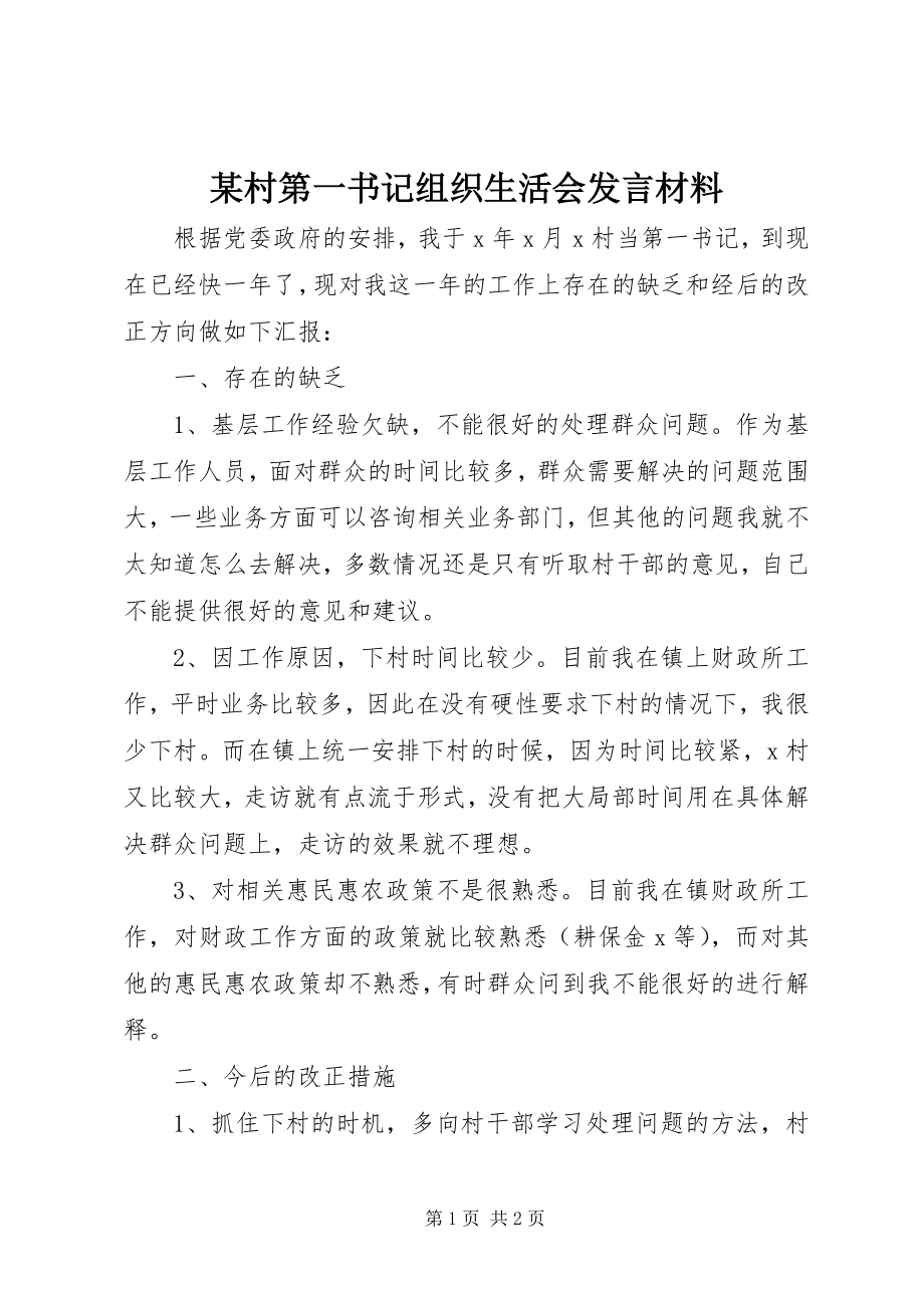 2023年某村第一书记组织生活会讲话材料.docx_第1页