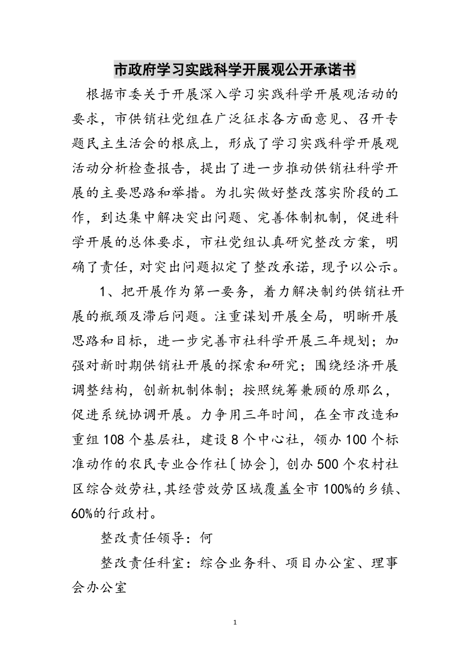 2023年市政府学习实践科学发展观公开承诺书范文.doc_第1页