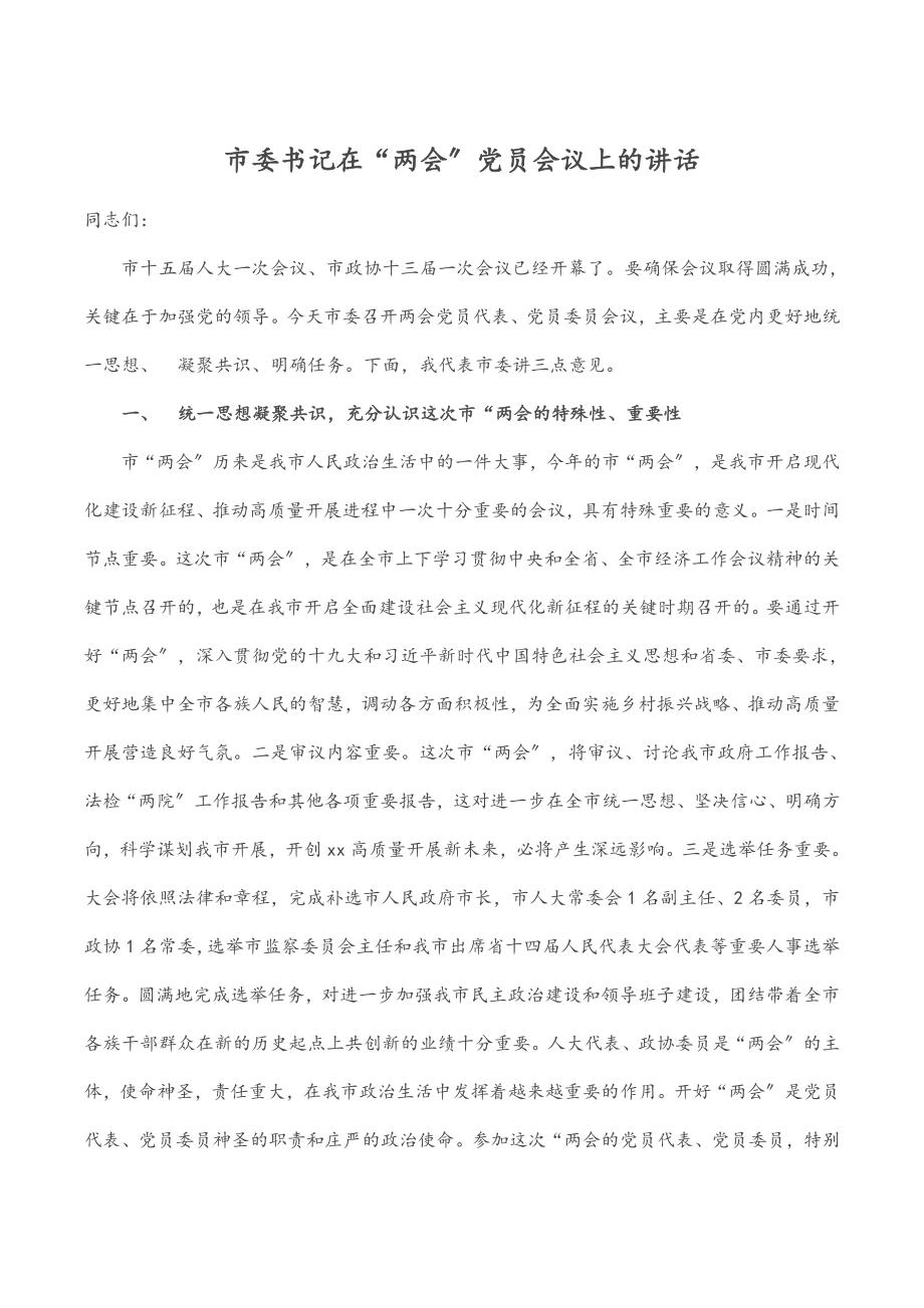 2023年市委书记在“两会”党员会议上的讲话.docx_第1页