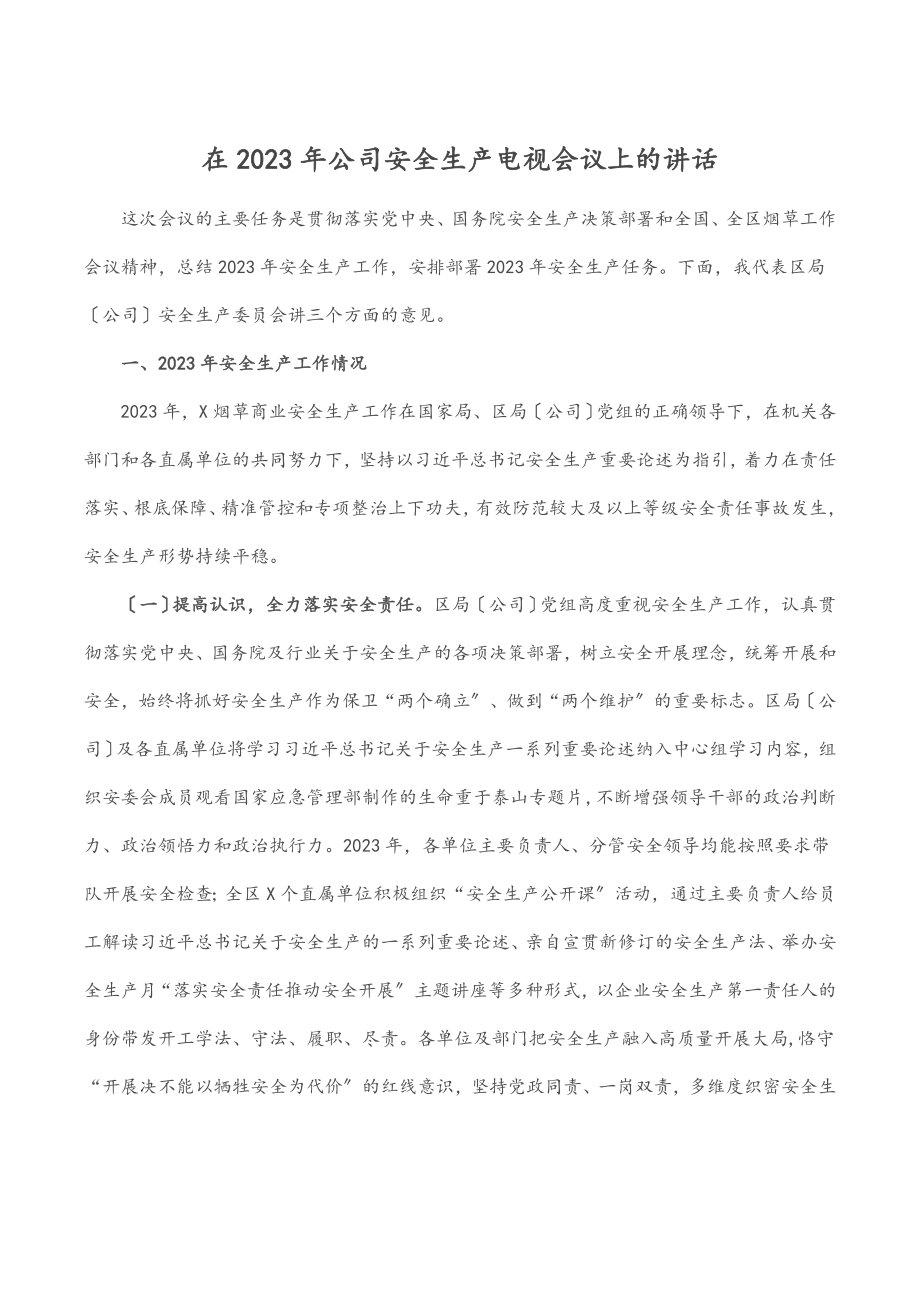 在2023年公司安全生产电视电话会议上的讲话.docx_第1页