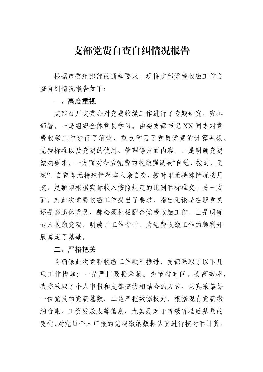 支部党费自查自纠情况报告.docx_第1页