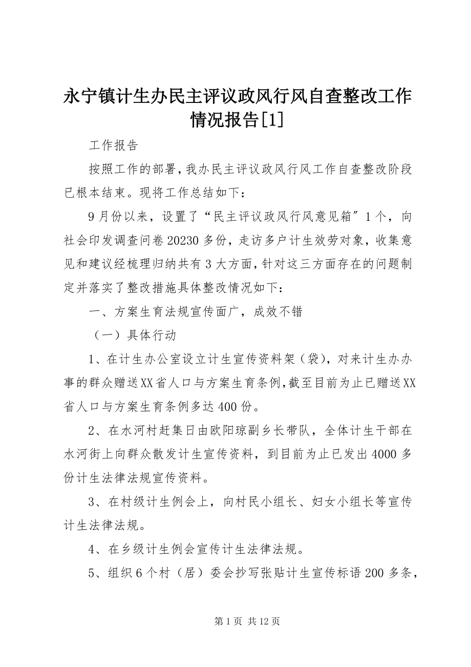 2023年永宁镇计生办民主评议政风行风自查整改工作情况报告1.docx_第1页